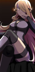 Rule 34 | 1girl, alternate costume, blonde hair, bodysuit, breasts, clenched hand, closed mouth, creatures (company), crossed legs, cynthia (pokemon), elbow rest, from below, game freak, grey bodysuit, grey eyes, hair ornament, hair over one eye, head rest, highres, large breasts, long bangs, long hair, looking at viewer, looking down, nintendo, pokemon, pokemon dppt, serious, solo, team galactic, team galactic uniform, very long hair, vivivoovoo