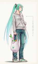 Rule 34 | 1girl, aqua hair, bag, contemporary, denim, full body, hand in pocket, hatsune miku, hood, hoodie, jeans, long hair, looking away, pants, shoes, shopping bag, sneakers, solo, spring onion, suspenders, translated, twintails, very long hair, vocaloid, wokada