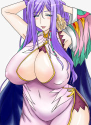 Rule 34 | 1girl, armpits, bare shoulders, blue eyes, breasts, chinese clothes, cleavage, covered erect nipples, curvy, doro (pixiv1599005), dress, female focus, groin, hand in own hair, huge breasts, koihime musou, kouchuu, long hair, navel, ponytail, purple hair, see-through, simple background, solo, squinting, standing, white background