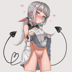Rule 34 | 1girl, absurdres, asumi sena, bad id, bad pixiv id, blush, bracelet, cleavage cutout, cleft of venus, clothes lift, clothing cutout, demon tail, dress, dress lift, female focus, grey hair, hair ornament, hair ribbon, heart, heart tail, highres, jewelry, lifting own clothes, midriff, multicolored hair, ooo560836, pink hair, ponytail, pussy, ribbon, solo, tail, thighs, virtual youtuber, vspo!, white dress