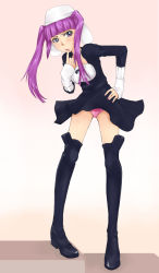 Rule 34 | 1girl, bleach, boots, dokugamine riruka, dress, finger to mouth, hand on own hip, hat, hip focus, ichihisa, knee boots, lips, long hair, panties, pantyshot, pink eyes, purple hair, solo, twintails, underwear