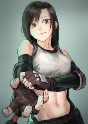 Rule 34 | 1girl, adjusting clothes, adjusting gloves, bare shoulders, black skirt, blush, breasts, closed mouth, earrings, elbow gloves, elbow pads, final fantasy, final fantasy vii, final fantasy vii remake, fingerless gloves, gloves, highres, jewelry, kilye kairi, large breasts, long hair, looking at viewer, low-tied long hair, midriff, miniskirt, navel, pencil skirt, shirt, skirt, smile, solo, suspender skirt, suspenders, tank top, taut clothes, taut shirt, tifa lockhart, very long hair