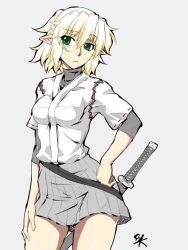 Rule 34 | 1girl, alternate costume, blonde hair, breasts, contrapposto, cosplay, green eyes, hand on own hip, hand on thigh, head tilt, ise (kancolle) (cosplay), ise (kancolle), kantai collection, mizuhashi parsee, ootsuki wataru, pointy ears, scabbard, sheath, sheathed, short hair, short sleeves, skirt, solo, standing, sword, touhou, weapon