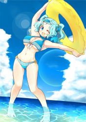 Rule 34 | 1girl, ;d, alternate hairstyle, armpits, arms up, bad id, bad pixiv id, barefoot, bikini, blue eyes, blue hair, breasts, cleavage, cloud, day, female focus, front-tie top, groin, happy, innertube, kumoi ichirin, large breasts, lens flare, long hair, matching hair/eyes, naka akira, navel, o-ring, o-ring bottom, one eye closed, open mouth, shallow water, sky, smile, solo, strap gap, swim ring, swimsuit, touhou, twintails, underboob, wading, wading pool, water, wet, wink