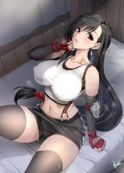 Rule 34 | 1girl, bare shoulders, black hair, black skirt, black thighhighs, blush, breasts, collarbone, crop top, final fantasy, final fantasy vii, final fantasy vii remake, fingerless gloves, gloves, large breasts, long hair, looking at viewer, midriff, mitarashi kousei, navel, panties, parted lips, red eyes, red gloves, shirt, short shorts, shorts, sitting, skirt, solo, square enix, suspender skirt, suspenders, sweat, tank top, taut clothes, taut shirt, thighhighs, thighs, tifa lockhart, underwear, very long hair, white tank top