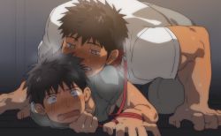 Rule 34 | 2boys, all fours, bad id, bad twitter id, blush, fang, grey shirt, hypnosis, incest, leash, male focus, mind control, multiple boys, on floor, open mouth, original, pinned, role reversal, sagami jon, shirt, steaming body, sweat, t-shirt, white shirt, yaoi