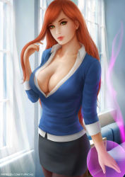 Rule 34 | 1girl, alternate hair length, alternate hairstyle, ben 10, ben 10: alien force, black skirt, blouse, blue sweater, breasts, cleavage, collared shirt, couch, cowboy shot, dress shirt, green eyes, gwen tennyson, highres, indoors, large breasts, layered clothes, lips, long hair, looking at viewer, magic, aged up, open clothes, open shirt, orange hair, pantyhose, patreon username, pencil skirt, plunging neckline, realistic, red lips, shirt, skirt, solo, standing, sweater, yupachu