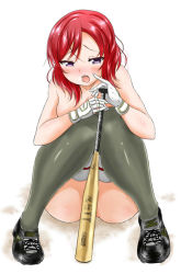 Rule 34 | 10s, 1girl, baseball bat, black footwear, blush, breasts, convenient censoring, gloves, half-closed eyes, hideyuki i, looking at viewer, love live!, love live! school idol project, medium breasts, nishikino maki, nude, open mouth, purple eyes, red hair, shoes, short hair, simple background, sitting, solo, thighhighs, tsurime, white background