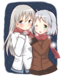 Rule 34 | 2girls, bad id, bad pixiv id, blush, coat, eila ilmatar juutilainen, green eyes, grey hair, mittens, multiple girls, official alternate costume, one eye closed, open mouth, purple eyes, sanya v. litvyak, scarf, shared clothes, shared scarf, shiina watamaru, sky, star (sky), starry sky, strike witches, wink, world witches series