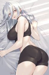 Rule 34 | 1girl, artist name, ass, bare arms, bare shoulders, bed sheet, bike shorts, black shorts, black tank top, breasts, commentary request, commission, ear piercing, earrings, highres, jewelry, lips, long hair, looking back, lying, medium breasts, midriff, murata tefu, on stomach, open mouth, original, piercing, red eyes, shorts, signature, simple background, skin tight, sleeveless, solo, tank top, white hair