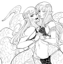 Rule 34 | 2girls, bad id, bb (baalbuddy), bead bracelet, beads, bikini, bracelet, breasts, commentary, greyscale, hair ornament, highres, holding hands, inactive account, interlocked fingers, jewelry, lamia, large breasts, long hair, looking at viewer, miia&#039;s mother, miia (monster musume), mole, mole on breast, monochrome, monster girl, monster musume no iru nichijou, mother and daughter, multiple girls, navel, parted lips, pointy ears, simple background, smile, swimsuit, tongue, tongue out, very long hair, white background