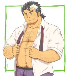 Rule 34 | 1boy, bara, bare pectorals, black hair, bulge, chest hair, cigarette, facial hair, large pectorals, long sideburns, male focus, manly, mononobe kyoma, multicolored hair, muscular, pectorals, sideburns, simple background, solo, tokyo houkago summoners, undressing, upper body, white hair, yanutorie
