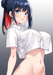 Rule 34 | 1girl, black hair, blue eyes, blush, bottomless, breasts, collared shirt, colored inner hair, commentary request, crop top, crop top overhang, cropped shirt, gradient background, hair bun, highres, large breasts, looking at viewer, multicolored hair, navel, original, parted lips, red hair, shirt, sidelocks, solo, stomach, white shirt, wreath (lit)