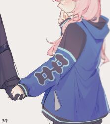 Rule 34 | 1girl, 1other, arknights, black gloves, blue jacket, blue poison (arknights), blush, commentary, doctor (arknights), embarrassed, english commentary, from behind, gloves, grey background, hand up, head out of frame, hood, hood down, hooded jacket, jacket, long hair, long sleeves, low twintails, pink hair, ruri (dailybloopy), simple background, twintails