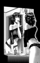 Rule 34 | 1girl, absurdres, ass, bare shoulders, black hair, black panties, breasts, cosmetics, female focus, fubuki (one-punch man), greyscale, highres, lace, lace panties, large breasts, lipstick, lipstick tube, makeup, mirror, monochrome, murata yuusuke, navel, no pants, off shoulder, official art, one-punch man, open mouth, panties, photo (object), reflection, short hair, solo, underwear