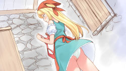 Rule 34 | 1girl, apron, ass, blonde hair, blue dress, blush, dragon quest, dragon quest xi, dress, emma (dq11), from behind, from below, long hair, panties, red apron, red headwear, revealing swimsuit (dq), solo, swimsuit, tenjou ryuka, underwear, white panties, wind, wind lift