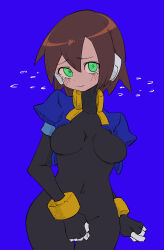Rule 34 | 1girl, ?, absurdres, aile (mega man zx), black bodysuit, blue background, blush, bodysuit, bodysuit under clothes, breasts, breath, brown hair, buzzlyears, covered collarbone, cropped jacket, glowing, glowing eyes, green eyes, highres, jacket, looking at viewer, medium breasts, mega man (series), mega man zx, no pants, open clothes, open jacket, robot ears, short hair, simple background, smile, solo, tearing up, upper body