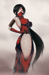 Rule 34 | 1girl, ass, black hair, breasts, brown gloves, dragon yukano, covered erect nipples, fishnet legwear, fishnets, gloves, hand on own hip, covered mouth, hip vent, large breasts, legs, long hair, looking at viewer, mask, mouth mask, ninja, ninja slayer, ponytail, serious, simple background, solo, standing, thighs, very long hair, yellow eyes
