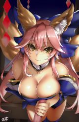 Rule 34 | 1girl, animal ears, bare shoulders, black background, breasts, fate (series), fox ears, fox tail, handjob, large breasts, long hair, looking at viewer, penis, pink hair, solo, solo focus, tail, tamamo (fate), tamamo no mae (fate/extra), viola (seed)