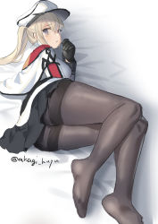 Rule 34 | 1girl, akagi kurage, bed, black gloves, black pantyhose, black skirt, blonde hair, breasts, capelet, celtic knot, cross, gloves, graf zeppelin (kancolle), grey eyes, hair between eyes, hat, highres, iron cross, jacket, kantai collection, large breasts, long hair, looking at viewer, lying, military, military hat, military uniform, miniskirt, necktie, on side, pantyhose, peaked cap, pleated skirt, sidelocks, skirt, solo, thighband pantyhose, twintails, twitter username, uniform