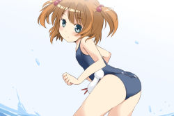 Rule 34 | 00s, 1girl, ass, bad id, bad pixiv id, blue eyes, brown hair, flat chest, hair bobbles, hair ornament, kataoka yuuki, looking back, mousou (mousou temporary), one-piece swimsuit, saki (manga), school swimsuit, short twintails, solo, swimsuit, twintails, two side up, water