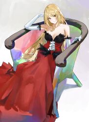 Rule 34 | 1girl, absurdres, arm up, bare shoulders, blonde hair, blush, breasts, cleavage, closed mouth, collarbone, commentary, dress, elbow gloves, english commentary, eyelashes, female focus, full body, gloves, grey background, hand up, highres, kiss-shot acerola-orion heart-under-blade, large breasts, long dress, long hair, looking at viewer, matching hair/eyes, monogatari (series), oshino shinobu, parted bangs, pointy ears, red dress, sidelocks, sitting, solo, strapless, strapless dress, tabulagami, very long hair, white gloves, yellow eyes