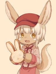 Rule 34 | 1other, :3, androgynous, animal ears, blush, brown eyes, choke (amamarin), fang, furry, happy, hat, highres, long sleeves, looking at viewer, made in abyss, nanachi (made in abyss), open mouth, other focus, red hat, short hair, smile, solo, tail, whiskers, white hair