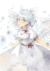 Rule 34 | 1girl, angel wings, blue eyes, blue flower, blue hair, bow, buttons, clip studio paint (medium), commentary request, dress, feathered wings, flower, frilled sleeves, frills, hair bow, highres, hyoutan tan, mai (touhou), open mouth, petals, puffy short sleeves, puffy sleeves, red ribbon, red sash, ribbon, sash, short sleeves, solo, touhou, touhou (pc-98), upper body, wavy hair, white bow, white dress, white wings, wings