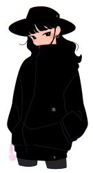 Rule 34 | 1girl, absurdres, black eyes, black hair, black headwear, black jacket, black pantyhose, blush stickers, closed mouth, commentary request, cowboy shot, earrings, hands in pockets, highres, jacket, jewelry, long hair, long sleeves, looking at viewer, no sclera, original, pantyhose, simple background, solo, tatamipi, white background