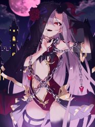 Rule 34 | 1girl, absurdres, black veil, breasts, chain, claws, clothing cutout, demon girl, finger to mouth, flower, full moon, grey hair, hair between eyes, highres, horns, index finger raised, kirari (kira rin9), leotard, long hair, low wings, moon, nail polish, night, original, outdoors, red eyes, red flower, red leotard, red nails, red rose, rose, small breasts, solo, stomach cutout, thighhighs, thorns, veil, wings