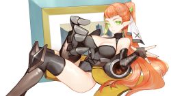 Rule 34 | 1girl, black gloves, black leotard, black thighhighs, breasts, cleavage, cleavage cutout, clothing cutout, commentary, elbow gloves, english commentary, fingerless gloves, frown, gloves, green eyes, green hair, hair behind ear, highres, large breasts, leotard, long hair, mahou arms, mechanical arms, multicolored hair, open hand, orange hair, ponytail, single mechanical arm, skindentation, softmode, solo, streaked hair, susan (mahou arms), thighhighs, very long hair