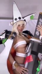 Rule 34 | 1girl, animated, arc system works, audible music, audible speech, belt bra, blonde hair, breasts, breasts apart, cape, cosplay, english audio, fantastic nami, guilty gear, guilty gear xrd, hat, highres, photo (medium), pubic tattoo, ramlethal valentine, real life, revealing clothes, smile, sound, star tattoo, sword, tattoo, underboob, video, weapon