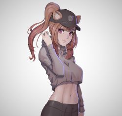 Rule 34 | 1girl, abs, alternate costume, alternate hairstyle, animal ear fluff, animal ears, baseball cap, brown hair, commentary, contemporary, cowboy shot, ears through headwear, english commentary, grey background, hat, highres, hood, hood down, hoodie, inhoso, looking at viewer, midriff, navel, pink eyes, ponytail, raccoon ears, raccoon girl, raphtalia, smirk, solo, standing, tate no yuusha no nariagari