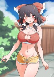 Rule 34 | 1girl, alternate costume, blue sky, blurry, blush, bow, breasts, brown hair, cleavage, cloud, commentary request, commission, day, depth of field, dolphin shorts, frilled bow, frilled hair tubes, frills, hair bow, hair tubes, hakurei reimu, highres, large breasts, midriff, navel, open mouth, red bow, red eyes, scavia10, shorts, signature, skeb commission, sky, solo, sweatdrop, touhou, yellow shorts