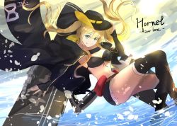 Rule 34 | 1girl, azur lane, bikini, bikini top only, black bikini, black cape, black footwear, black gloves, black hat, black shorts, black thighhighs, blonde hair, boots, breasts, cape, character name, cleavage, commentary request, copyright name, cowboy hat, dutch angle, elbow gloves, fingerless gloves, flight deck, floating hair, front-tie bikini top, front-tie top, gloves, green eyes, hand on own headwear, hat, hornet (azur lane), koroneko p0w0q, ocean, one-hour drawing challenge, outdoors, outstretched arm, rigging, short shorts, shorts, sketch, smile, solo, standing, standing on liquid, sunlight, swimsuit, thighhighs, twintails