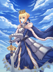 Rule 34 | 1girl, absurdres, ahoge, armor, armored dress, artoria pendragon (all), artoria pendragon (fate), bad id, bad pixiv id, blonde hair, blue cape, blue dress, blue ribbon, blue sky, braid, braided bun, cape, cloud, crown, day, dress, excalibur (fate/stay night), fate/stay night, fate (series), faulds, fur-trimmed cape, fur trim, gauntlets, green eyes, hair between eyes, hair bun, hair ribbon, hand on hilt, highres, holding, holding sword, holding weapon, lebring, long dress, looking at viewer, outdoors, ribbon, saber (fate), sky, solo, standing, sword, weapon