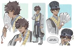 Rule 34 | 1boy, ange (angeban93), chinese clothes, cosplay, dark-skinned male, dark skin, english text, feather fan, full body, glasses, guan hat, hand fan, hanfu, highres, kong ming hat, male focus, multiple views, open mouth, speech bubble, standing, taion (xenoblade), xenoblade chronicles (series), xenoblade chronicles 3, zhuge liang, zhuge liang (cosplay)