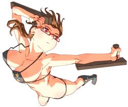 Rule 34 | 1girl, bad id, bad twitter id, bikini, boots, breasts, brown hair, butt crack, female focus, full body, glasses, holding, holding weapon, knife, knife in mouth, large breasts, oono tsutomu, red-framed eyewear, simple background, solo, swimsuit, tonfa, weapon, white background