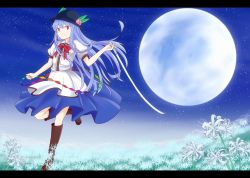 Rule 34 | 1girl, blue hair, boots, bow, etterboxed, food, fruit, grass, hat, highres, hinanawi tenshi, kanimiso-wassyoi, kanimiso (wassyoi), letterboxed, long hair, moon, peach, red eyes, short sleeves, skirt, sky, solo, standing, star (sky), starry sky, sword, touhou, weapon