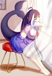 Rule 34 | 1girl, absurdres, ahoge, animal ears, barefoot, bikini, black hair, blue bikini, blue skirt, breasts, cetacean tail, chair, commentary, curtains, dragonostic, english commentary, facial tattoo, feet, fins, fish tail, hanging breasts, heart, heart ahoge, highres, indie virtual youtuber, large breasts, leg tattoo, long hair, looking outside, midriff, no shoes, orca girl, purple eyes, school uniform, see-through, see-through shirt, serafuku, shirt, shylily, shylily (1st costume), sitting, skirt, smile, stomach tattoo, swimsuit, tail, tattoo, virtual youtuber, white hair, white shirt, window