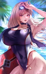 Rule 34 | 1girl, absurdres, arm up, beach, black choker, black one-piece swimsuit, blue sky, breasts, brown hair, choker, cleavage, cloud, competition swimsuit, covered navel, curvy, day, goddess of victory: nikke, goggles, goggles on head, highleg, highleg swimsuit, highres, karma3009, kickboard, large breasts, long hair, looking at viewer, ocean, one-piece swimsuit, orange eyes, outdoors, rapi (classic vacation) (nikke), rapi (nikke), sky, solo, swimsuit, two-tone swimsuit, very long hair, wet, wide hips