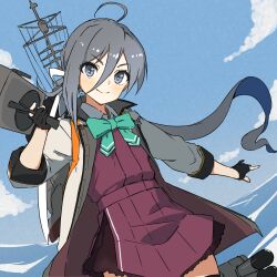 Rule 34 | 1girl, absurdres, adapted turret, ahoge, aqua bow, aqua bowtie, bigkwl, black gloves, blue sky, bow, bowtie, cannon, cloud, coat, cowboy shot, day, gloves, grey coat, grey eyes, grey hair, grey pantyhose, hair between eyes, highres, kantai collection, kiyoshimo (kancolle), kiyoshimo kai ni (kancolle), long hair, low twintails, mast, ocean, outdoors, pantyhose, partially fingerless gloves, sky, smile, solo, torpedo launcher, turret, twintails, very long hair, water