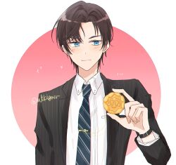 Rule 34 | 1boy, artem wing (tears of themis), black hair, black jacket, black necktie, blue eyes, blush stickers, closed mouth, collared shirt, diagonal-striped clothes, diagonal-striped necktie, food, hand up, highres, holding, holding food, jacket, long sleeves, looking at viewer, male focus, mtkignsn, necktie, open clothes, open jacket, pink background, pinstripe pattern, shirt, smile, solo, striped, striped clothes, tears of themis, tie clip, two-tone background, upper body, white background, white shirt