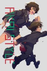 Rule 34 | 1boy, 1girl, :d, belt, black-framed eyewear, black footwear, black jacket, black pants, black shorts, brown hair, child, clenched hand, echo (circa), edogawa conan, english text, fangs, from side, glasses, green eyes, grey background, hat, unworn hat, unworn headwear, jacket, long sleeves, looking at another, meitantei conan, open clothes, open jacket, open mouth, pants, red belt, running, sera masumi, shirt, shoes, short hair, shorts, simple background, smile