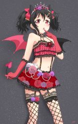 Rule 34 | 1girl, :o, absurdres, artist name, artist request, asymmetrical wings, bare legs, bare shoulders, black choker, black hair, blush, bow, bracelet, breasts, choker, collarbone, curled horns, demon girl, demon horns, demon tail, demon wings, detached collar, dress, earrings, elbow gloves, female focus, fishnet legwear, fishnets, flat chest, floral print, flower, flower earrings, flower print, frilled dress, frills, garter straps, gloves, grey wings, hair between eyes, hair bow, hair flower, hair ornament, hairclip, highres, holding, holding tail, horns, jewelry, lace, lace-trimmed legwear, lace trim, long hair, looking at viewer, love live!, love live! school idol festival, love live! school idol project, midriff, miniskirt, mismatched wings, navel, parted lips, pearl bracelet, pink flower, pink gloves, pink rose, plaid, plaid skirt, pleated, pleated skirt, polka dot, polka dot bow, print skirt, purple flower, purple rose, red bow, red eyes, red flower, red rose, red skirt, rose, rose print, short hair, short twintails, sidelocks, skirt, small breasts, smile, solo, striped clothes, striped gloves, tail, tiara, twintails, vertical-striped clothes, vertical-striped gloves, wings, worried, yazawa nico