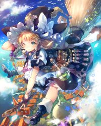 Rule 34 | 1girl, ;), apron, bird, black footwear, black skirt, blonde hair, blue sky, bow, braid, broom, broom riding, building, church, cross, day, deecha, flying, full body, goggles, green eyes, hair bow, hat, hat bow, highres, kirisame marisa, long hair, looking at viewer, one eye closed, outdoors, pocket, puffy short sleeves, puffy sleeves, purple bow, shoes, short sleeves, side braid, skirt, sky, smile, solo, star (symbol), test tube, touhou, vial, white bow, witch hat