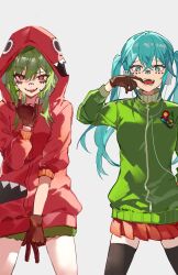 Rule 34 | 2girls, \m/, black thighhighs, blue eyes, blue hair, brown gloves, commentary, cowboy shot, facial mark, gloves, green hair, green jacket, green skirt, gumi, hatsune miku, headphones, highres, jacket, karasu btk, long hair, matryoshka (vocaloid), matryoshka doll, mouth pull, multiple girls, open mouth, pleated skirt, red eyes, red jacket, red skirt, short hair, simple background, skirt, thighhighs, tongue, tongue out, twintails, vocaloid, w, white background