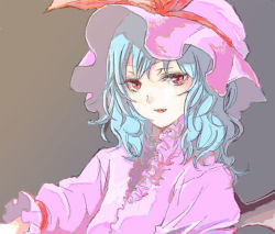 Rule 34 | 1girl, :d, bat wings, blush, female focus, grey background, hat, looking at viewer, mob cap, open mouth, puffy short sleeves, puffy sleeves, red eyes, remilia scarlet, shippori, shishou, short sleeves, silver hair, simple background, smile, solo, touhou, wings