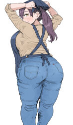 Rule 34 | 1girl, adjusting clothes, adjusting headwear, apron, arms up, ass, black apron, breasts, brown eyes, brown hair, brown sweater, denim, jeans, large breasts, long hair, long sleeves, looking back, mature female, original, pants, plump, pocket, puuyan, simple background, solo, standing, sweater, thick thighs, thighs, white background
