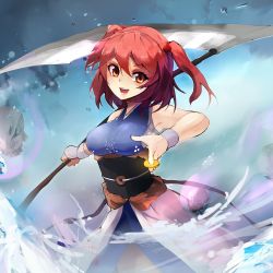 Rule 34 | 1girl, :d, bare shoulders, breasts, clear echoes, coin, hair bobbles, hair ornament, highres, large breasts, looking at viewer, obi, onozuka komachi, open mouth, orange eyes, red hair, sash, scythe, short hair, skull, smile, solo, touhou, twintails, two side up, underbust